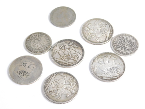 Various George III and later crowns, Queen Victoria 1893, 1888, 1889, 1898, half crowns etc, contained in a Riley's Assorted Toffee tin, 10cm wide. (a quantity)