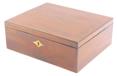 A 19thC mahogany jewellery box, of rectangular form with an inlaid star motif to the centre and a fitted interior, 10cm high, 27cm wide, 23cm deep.