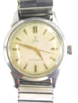 A Rolex Tudor gentleman's automatic wristwatch, with baton pointers and numerals, marked TUDOR OYSTER to the 3cm dia. face, in a stainless steel case with elasticated bracelet.