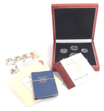 Various coins, a King Edward VIII 1936 new strike pattern silver coin set, in sterling silver, in fitted case, 19cm wide, a Britain's First Decimal Coin Set and United Kingdom Brilliant Coin collection, 1986.