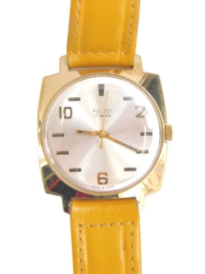 A gentleman's Poljot seventeen jewel wristwatch, with Arabic and baton numerals, 3cm diameter face and tan leather strap.