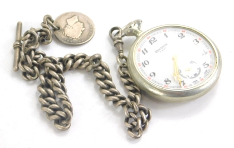 A silver Albert watch chain, with graduated links, and T bar end, 37cm long and a Sekonda silver plated pocket watch with coin fob.