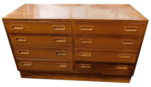 A Danish rosewood chest of drawers, of plain form with eight drawers, each with recessed handles on a plinth, 68cm high, 107cm wide, 44cm deep. CITES license no. 612358/02