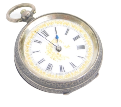 An early 20thC continental ladies fob watch, with fancy 3cm dia. Roman numeric dial in a chased case, white metal marked 0.935.