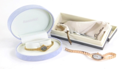 Various Accurist watches, a ladies cocktail watch with 1½cm oval dial with baton numerals and points with a textured bracelet, in oval case and outer box, a further Accurist ladies wristwatch, a Stratton boxed bottle opener. (a quantity)