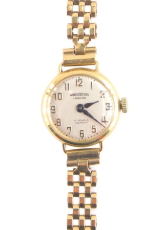 A ladies Winegartens 9ct gold cocktail watch, with 1cm dia. dial, 17 jewel movement and chain mail type bracelet, marked 375, 13.7g all in.