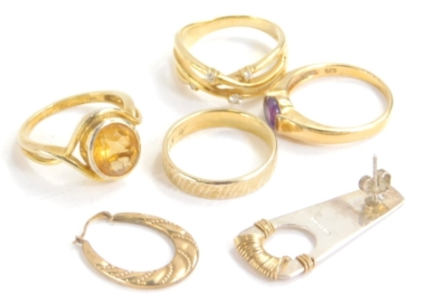 Various white metal dress rings, set with citrine coloured glass and other pieces, gold coloured on sterling silver, size V etc and two single sterling earrings, 23g all in. (a quantity)