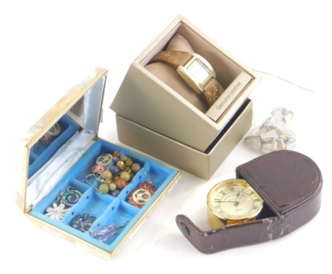 Various jewellery, a part silver bracelet set with polished sections, foldaway travel clock, 6cm high, other jewellery etc. (a quantity)