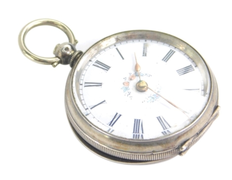 An early 20thC continental ladies fob watch, of circular form with 4cm dia. Roman numeric dial in engine turned case, with vacant cartouche, white metal marked 0.800, ring top 6cm high.