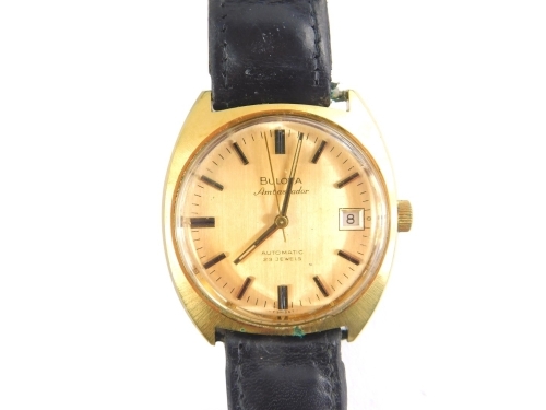 A gentleman's Bulova Ambassador automatic wristwatch, with baton pointers and numerals, 3cm dia. dial, in fitted case and outer box.