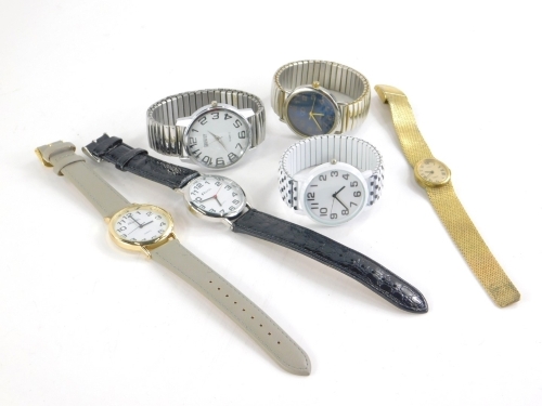 Various wristwatches, a Featurely quartz, with 4cm dia. dial and elasticated bracelet, quartz, Ravel, another and a Rotary 17 jewel. (a quantity)