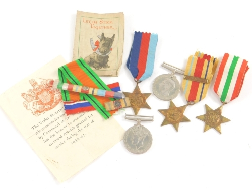 Various medals awarded to a Dennis Higginbottam, World War II Italy Star, 39-45 Star, Africa 1942-43 clasp Campaign and Victory medals with ribbons. (a quantity)