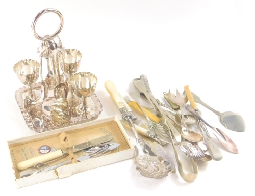 Various silver plated ware, etc., flatware, an early 20thC egg cruet, 22cm high, various serving pieces, etc. (a quantity)