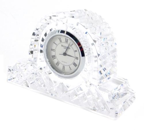 A Waterford crystal mantel clock, of small proportion, 7cm high, with paperwork.