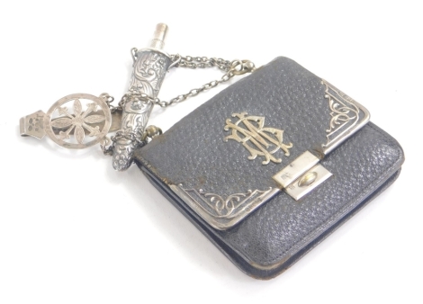 An Edwardian chatelaine purse, with mounts, chain and pencil holder with associated Chester hall marked Sampson Mordan and Co. pencil, the purse initialled 9cm wide.