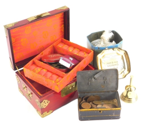 An oriental design jewellery casket, containing various costume jewellery, coins, modern hand bell, various pre decimal and other coins, threepenny bits, other coins, coin tin, etc. (a quantity)