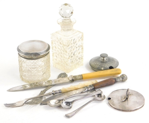 Various cut glass bottles, plated cutlery, two silver lids, Victorian example 1900 with entwined knop, 8cm dia., etc. (a quantity)