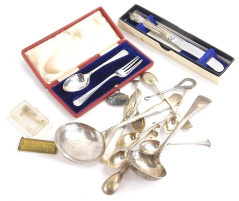 Various silver, silver plated ware, etc., cased christening set, ladle, 19cm long, various silver tea spoons, necklace, etc. (a quantity, various dates and makers)