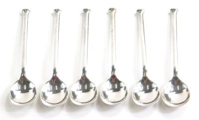 A set of six George V silver teaspoons, with plain stems and bowls, Sheffield 1926, 9cm long.