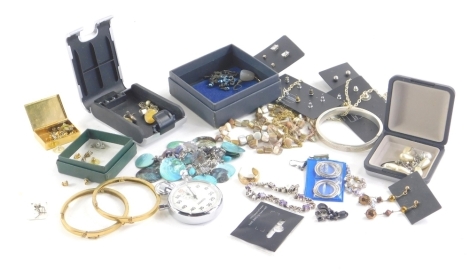 Various costume jewellery and effects, pocket stop watch 7cm high, various bangles, necklaces, ear studs etc. (a quantity)