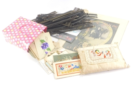 Various ephemera, 1918 souvenir embroidered war cushion, greetings cards, Easter cards, Valentines greeting, early 20thC and others, 1896 dinner invitation, later stamps, etc. (a quantity)