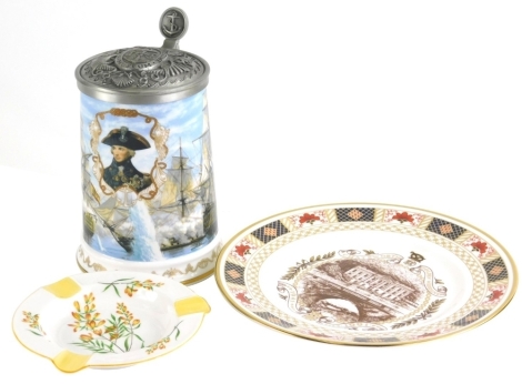 Various china, a Shelley floral ashtray, 14cm wide, Crown Derby Derby Border cabinet plate, and a Nelson's Victory at Trafalgar Royal Worcester 50th Anniversary tankard. (a quantity)