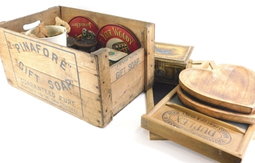 A vintage wash board, heart shaped treen dishes, 31cm wide, other treen tins, crates, etc. (a quantity)