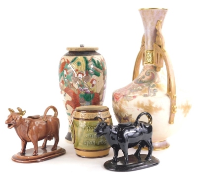 Various pottery and effects, an Art Nouveau Old Hailey Edwardian vase decorated with flowers, with angular handles, 37cm high, Japanese lamp vase, tobacco jar base, and two cow creamers. (a quantity, AF)