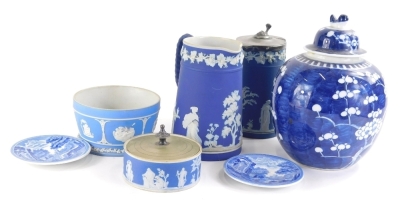 Various 19thC and other Wedgwood blue Jasperware, etc., to include jug, 18cm high, blue and white prunus Chinese vase, lidded Jasper butter dish, Copeland Spode Italian, etc. (a quantity)