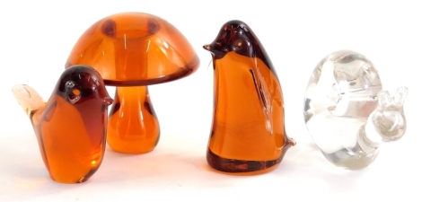 Various Studio and other type glass ornaments, to include Wedgwood penguin in orange, 12cm high, marked beneath, snail, mushroom, etc. (a quantity)