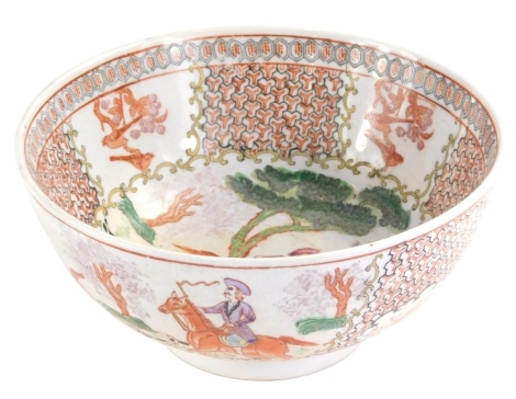 A Chinese porcelain bowl, of circular form profusely decorated with figures on horseback, trees, and panels of geometric borders, six character mark beneath, 26cm dia.