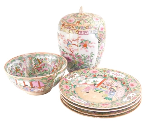 Various Chinese porcelain, a Canton bowl, 26cm dia., similar lidded jar, and four plates, various marks beneath. (a quantity)