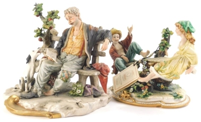 A Capodimonte Principe figure group, of a lady and gentleman on seesaw, naturalistic base, 20cm high, and a further Capodimonte figure group of a figure reading beside a Dalmation on a bench. (2, AF)