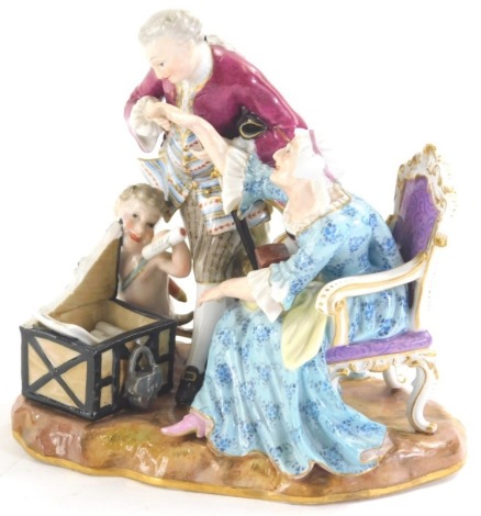 A 20thC Meissen figure group of figures in Regency dress, lady, gentleman, and child, she seated on a chair, blue cross sword marks beneath, 18cm high. (AF)