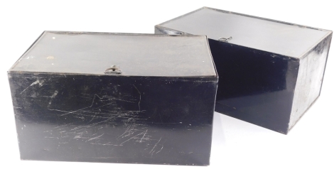 A 20thC cash or deed box, of rectangular form, in black, 20cm high, 38cm wide, 26cm deep, and another. (2)