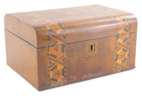 A late 19thC walnut Tunbridge style box, of domed form with vacant cartouche, 16cm high, 19cm wide, 21cm deep.