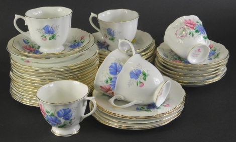 A Royal Albert Friendship Sweet Pea pattern part tea service, to include cups, 6cm high, saucers and side plates, printed marks beneath. (a quantity)