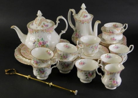 A Royal Albert Serenity pattern part service, to include tea pot, coffee pot, milk jug, cups, 8cm high, saucers, etc., printed marks beneath. (a quantity)