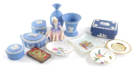 Various china and effects, a Royal Doulton figure Dinky Do HN1678, printed marks beneath, 11cm high, Wedgwood blue Jasper ware, Royal Worcester Arden pattern saucer, small tin, etc. (a quantity)