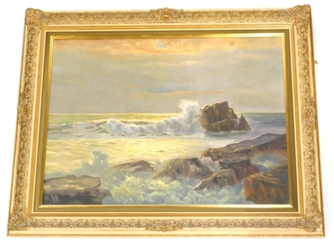 20thC school. Twilight seascape, stormy seas and rocks, oil on canvas, unsigned, 57cm x 82cm.