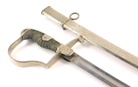 A dress sword with turned handle, shaped guard and etched blade with chrome scabbard, 88cm long.