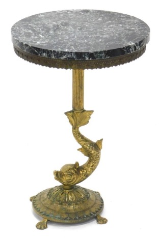 A brass occasional table, with a composite green marble top, on a cylindrical reeded and dolphin cast support, with domed foot and shell feet, 49cm high, 34cm wide.