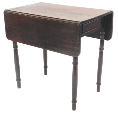 An early 19thC oak Pembroke table, the rectangular top with rounded corners above a frieze drawer, on turned legs, 74cm wide.