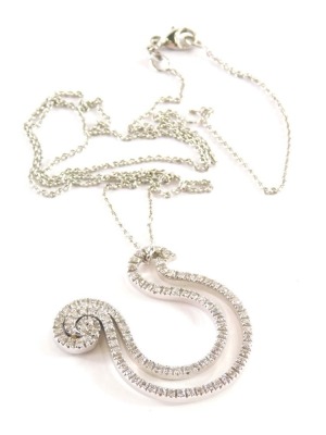 A Wempe stylised diamond scroll necklace, comprising diamond set scroll pendant set with ninety eight round brilliant cut diamonds, totalling approx 0.89cts, tow white gold closed back, on a white trace link chain with lobster claw clasp, white metal mark