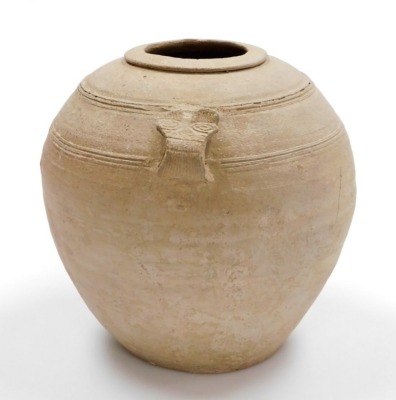 A stoneware two handled ovoid jar, with incised banding, possibly Korean, 23.5cm high. - 4