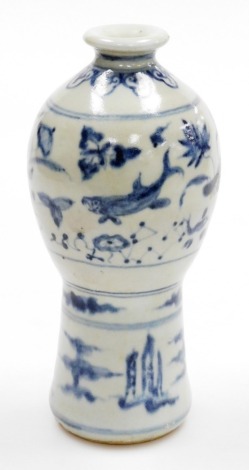 A Korean ovoid stoneware waisted vase, decorated in underglaze blue with bands of fish and lotus, cloud designs, lappets and landscape, 22.5cm high.