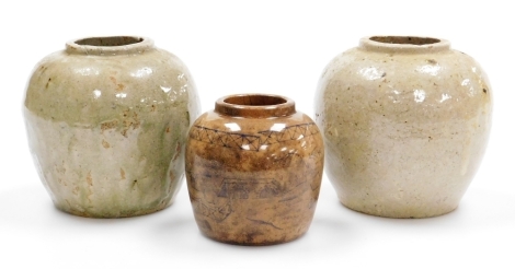 Three Chinese stoneware ginger jars, 12cm high, (2), the smaller jar decorated with buildings and bridges, 8.5cm high.