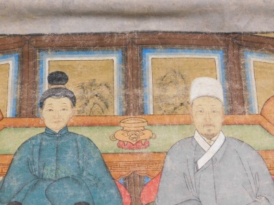 A Korean ancestor scroll picture, of a seated family, 75cm x 68cm. - 2