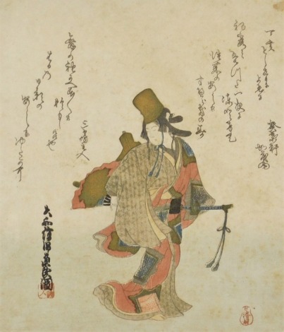 A 19thC Japanese wood block print by Oishi Matora (1794-1833), depicting a Shirabyoshi dancer, 21cm x 18cm.