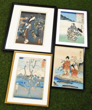 Three Japanese wood block prints, The Sumida River Embankment in Edo, from the series Thirty-six Views of Mount Fuji by Utagawa Hiroshige, first created 1858, 36cm x 24cm, Chiyoda Castle from the Album of Women by Toyohara Chikanobu, first created 1895, 3